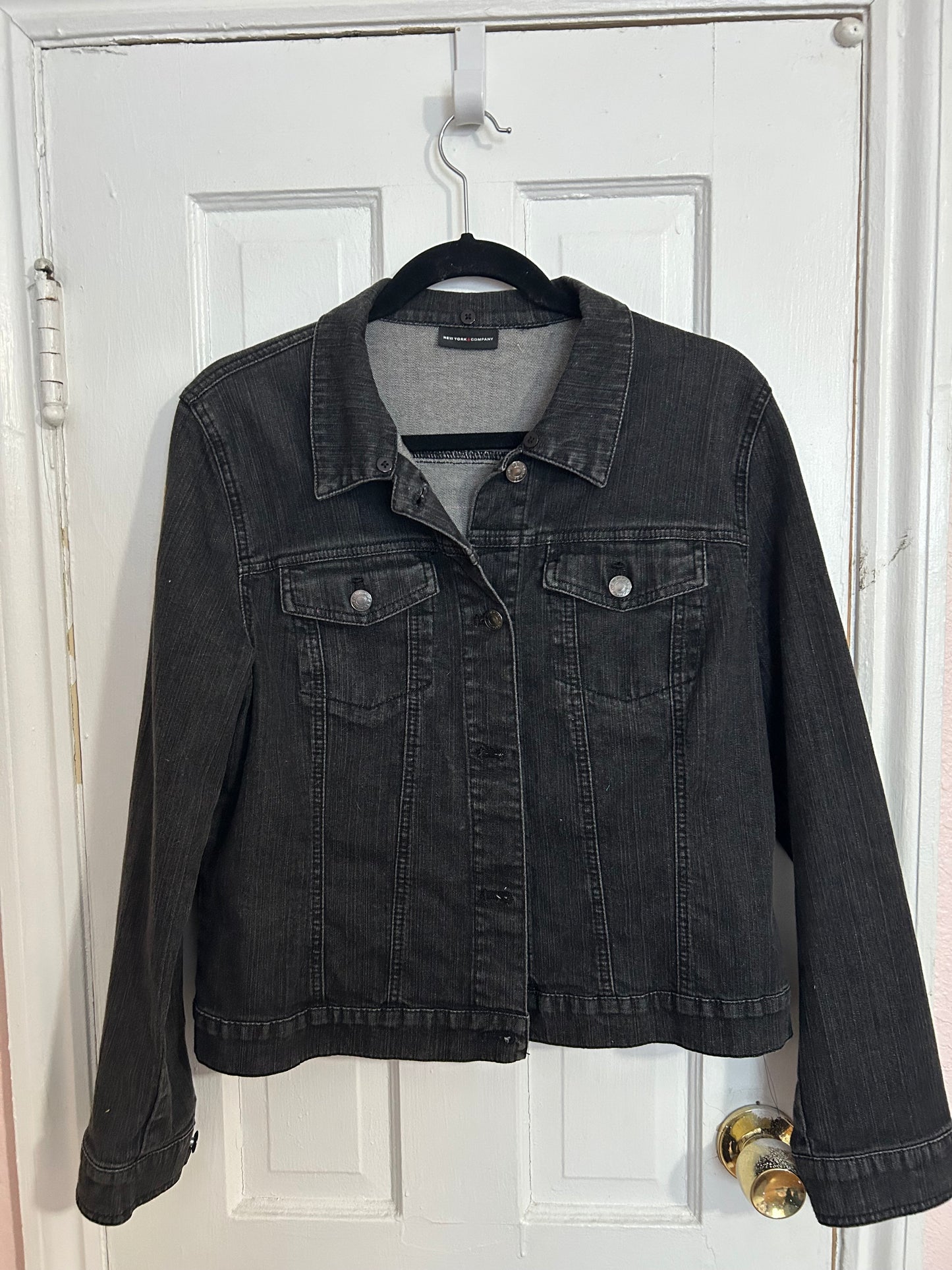 Black Denim Jacket - Pink Quilt Block