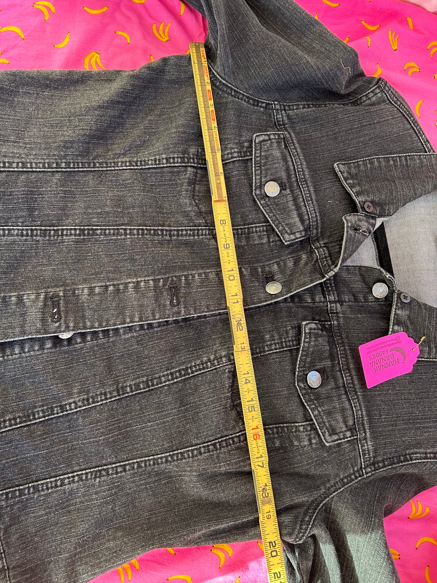 Black Denim Jacket - Pink Quilt Block