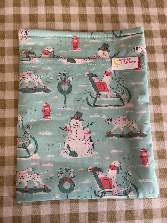 Large Book Sleeve - Mint Christmas Dogs