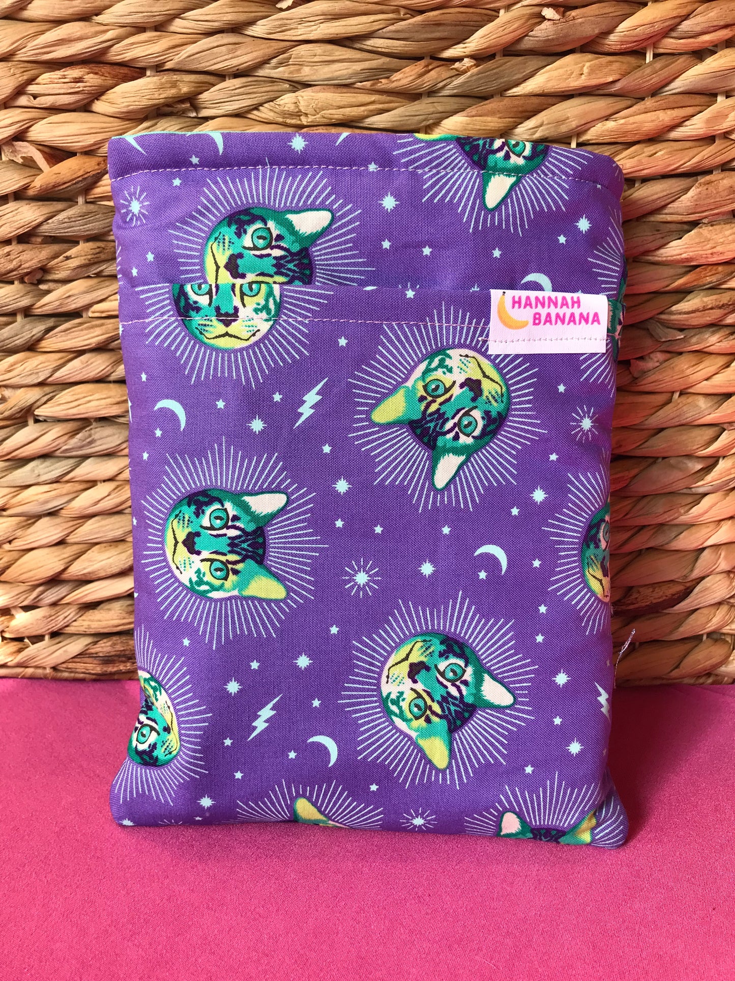 Padded Fabric Book Sleeve - Large - Purple Curious Cat