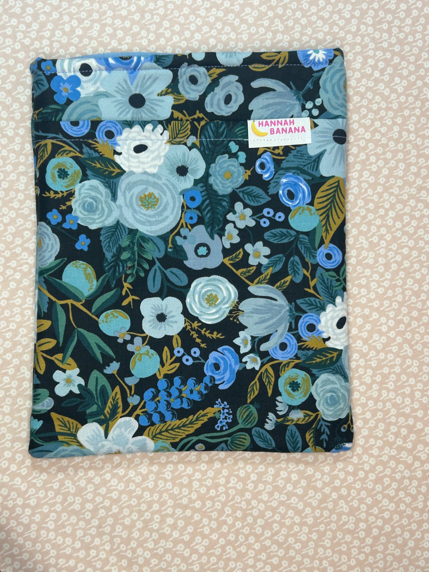 Large Book Sleeve - Rifle Paper Co. Black background Blue Floral