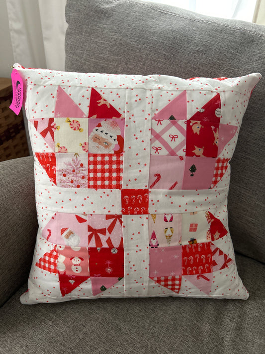 Christmas Patchwork Pillow - Pink Bear Paw