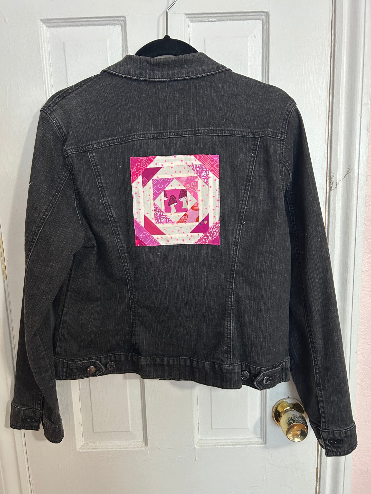 Black Denim Jacket - Pink Quilt Block
