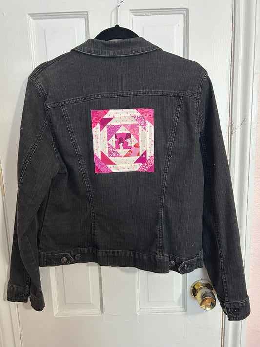 Black Denim Jacket - Pink Quilt Block
